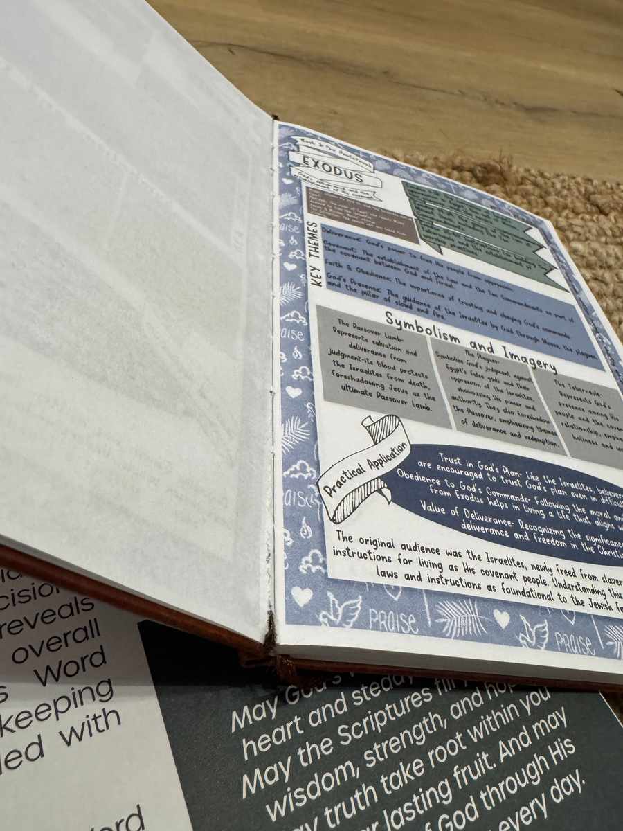 Close-up of the Elvasma Bible Study Guide open to a page showing the thin paper quality and faint show-through of content from the opposite side of the spread