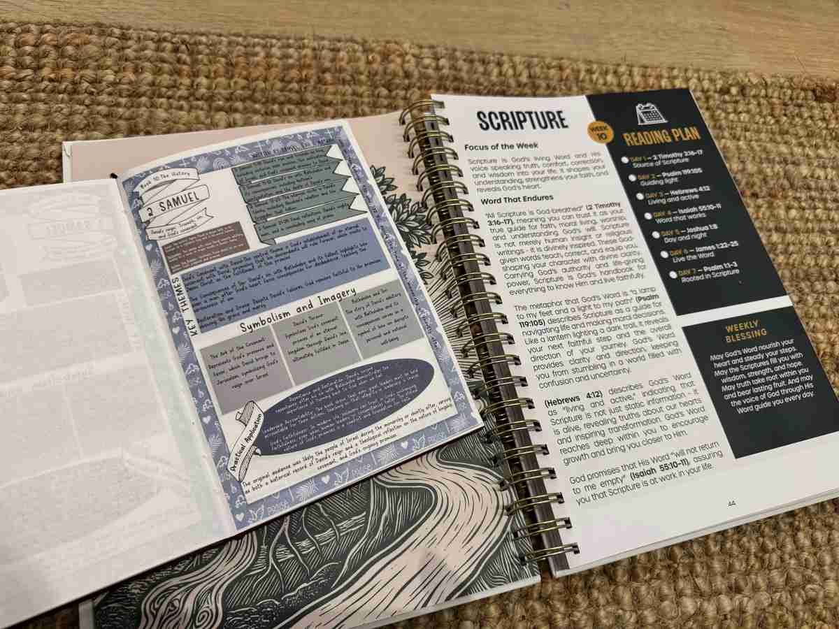 The Simple Bible Study by Everisma open to a weekly themed spread showing thick journal-quality pages with hand-drawn illustrations, key themes, symbolism and imagery sections, and practical application notes for in-depth Bible study