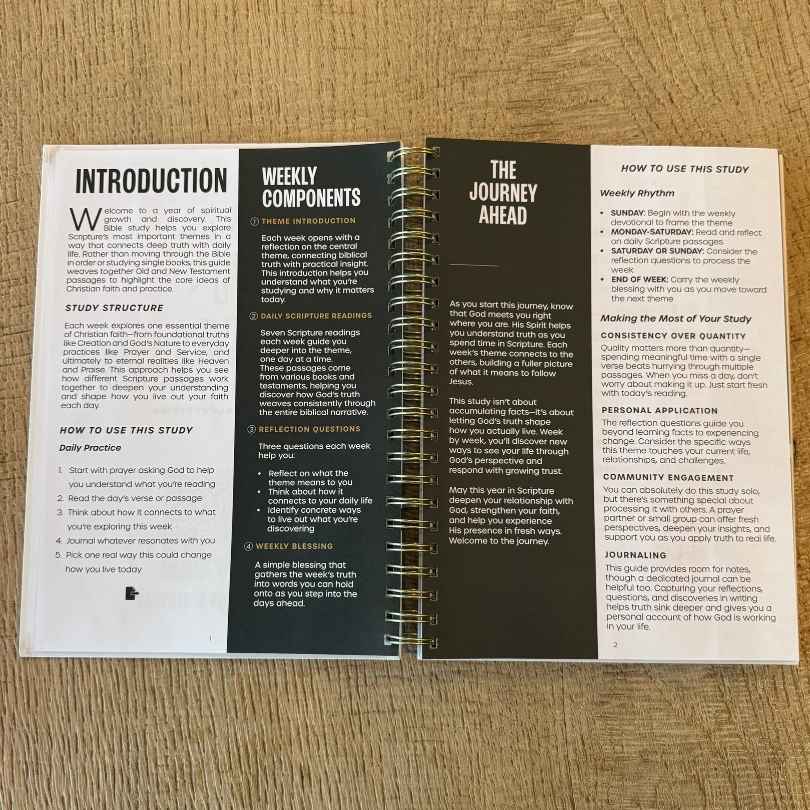 The Simple Bible Study introduction page explaining the weekly components: theme introduction, seven daily Scripture readings, three reflection questions, and a weekly blessing
